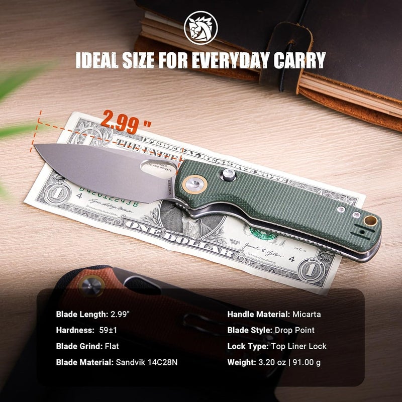 Vosteed EDC Knife, 2.99" 14C28N Steel Wider Blade, Green Micarta Handle Top Liner Lock, Folding Pocket Knives with Clip for Men & Women, Survival Camping - Porcupine A2603 - Image 2